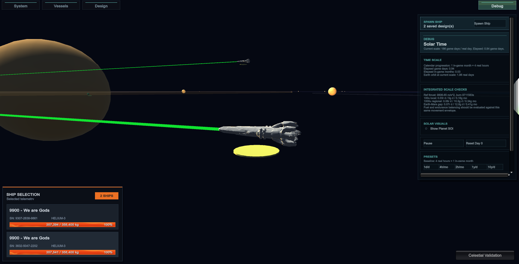 Dawn of Demons strategic scene with ships, solar scale debug panel, and selection UI