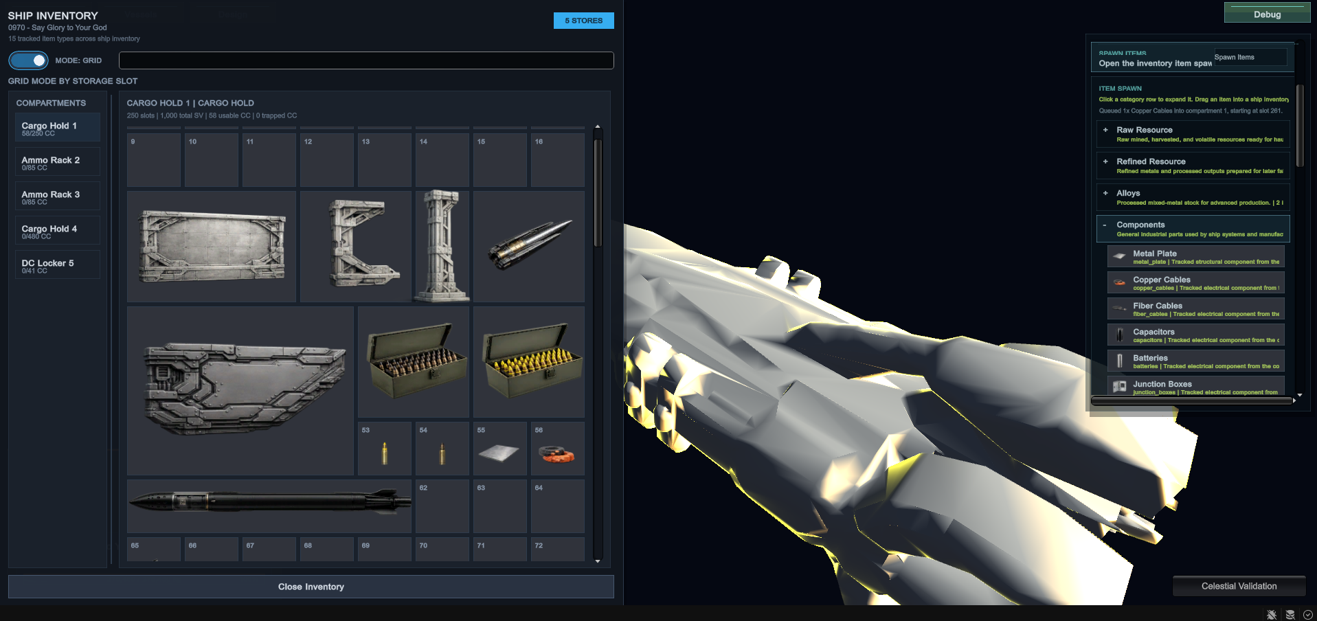 Dawn of Demons ship inventory grid with cargo and ammunition items
