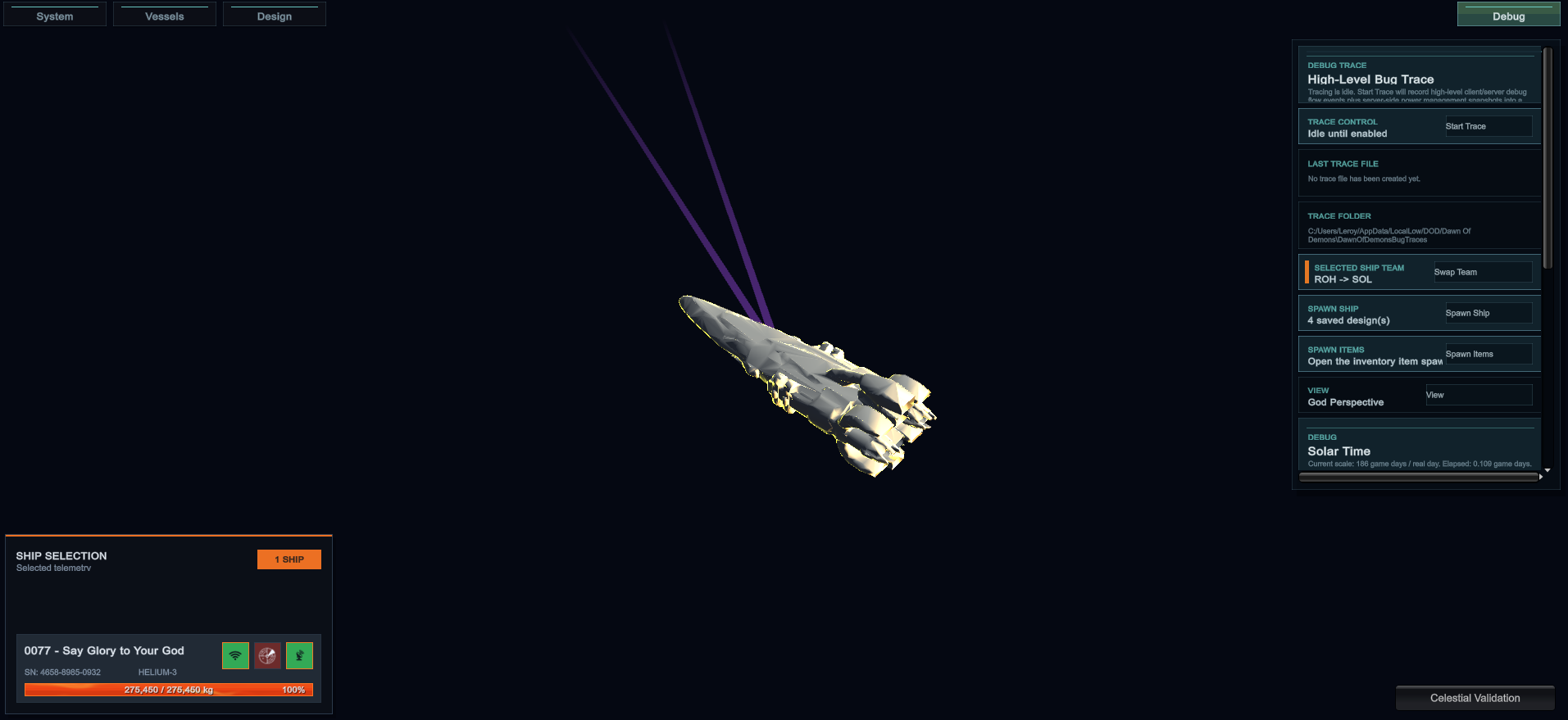 Dawn of Demons selected ship in the strategic scene with debug tools