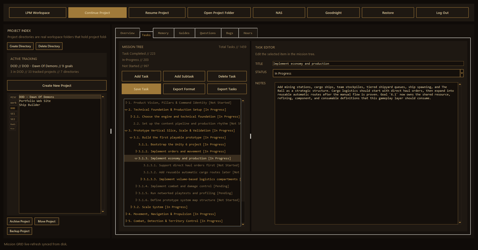 LPM launcher showing project index, task tree, and task editor