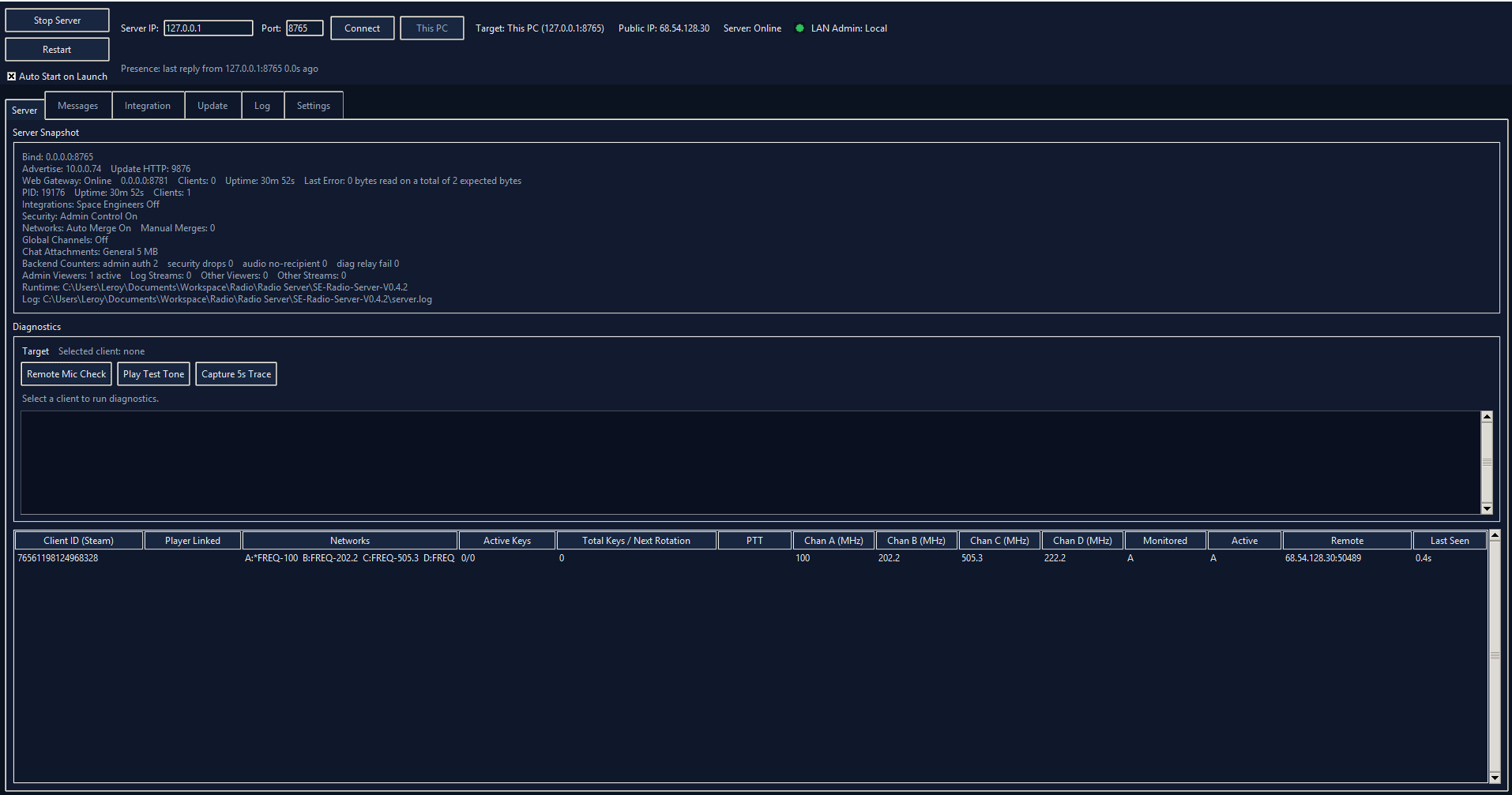 Radio Server admin tool showing live server snapshot, diagnostics buttons, and connected client table