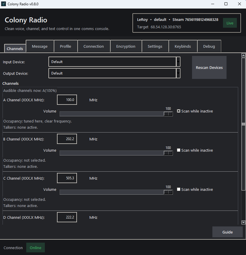 Colony Radio desktop client Channels tab with device selectors, channel frequencies, volume controls, and scan toggles