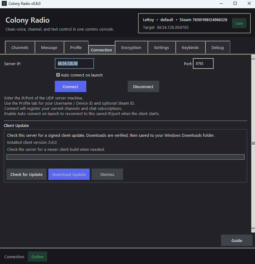 Colony Radio desktop client Connection tab showing server IP, port, auto connect, and signed update controls