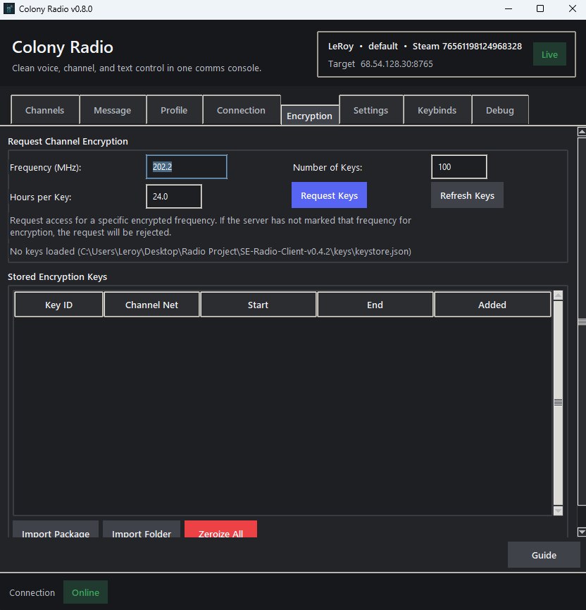 Colony Radio desktop client Encryption tab showing key request controls and stored encryption key table