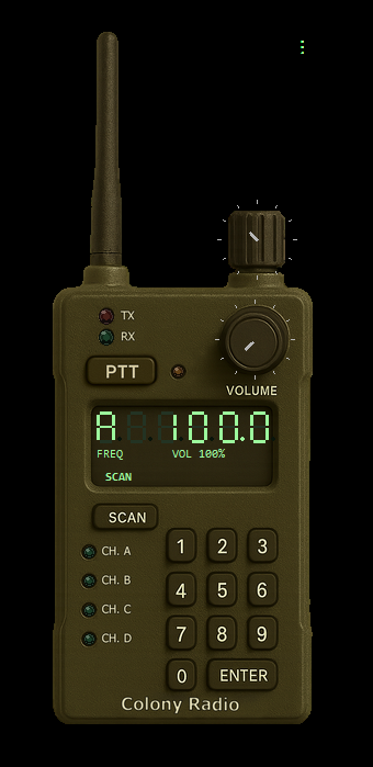 Colony Radio handset overlay with PTT button, channel lamps, LCD frequency display, scan button, keypad, and volume knob
