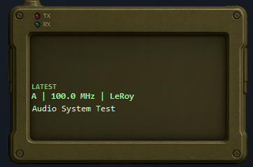 Colony Radio message tablet overlay showing a latest message on frequency 100.0 MHz